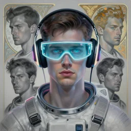 future coder, glowing visor over eyes and sleek neon headphones, neon accents, desaturated headshot portrait painting by donato giancola, dean cornwall, rhads, tom whalen, alex grey, alphonse mucha, astronaut cyberpunk electric fashion photography