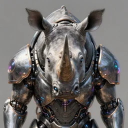 an anthropomorphic rhinoceros portrait wearing sci fi armor, front facing!!!, surrealism , scifi, intricate mecha armor, elegant, highly detailed cybernetic body armor, neon glowing eyes, digital painting, artstation, concept art, smooth, sharp focus, illustration, art by Artgerm and moebius and Peter Mohrbacher,