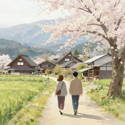 walking around rural shirakawa - go, gifu, japan. volumetric lighting, spring late morning, nice slight overcast weather, realistic illustration, perfectly shaded, soft painting, low angle, art by krenz cushart and wenjun lin