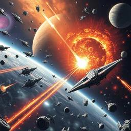 an epic battle in space, intergalactic war, many details, sci - fi, fantastic, awesome