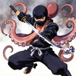 key anime visuals of an octopus ninja, dressed as a ninja and fighting with a katana. highly detailed, intricate, directed by makoto shinkai, anime manga style, trending on art station.