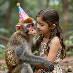 mowgli hugging a monkey with a birthday hat on, sister, love, highly detailed