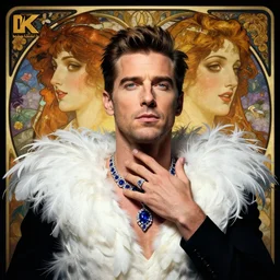 hyperrealistic portrait of a man as jeff goldblum touching neck noir white swan dress wearing sapphire jewellery with long feather collar by jeremy mann and alphonse mucha, fantasy art, photo realistic, dynamic lighting, artstation, poster, volumetric lighting, very detailed faces, 4 k, award winning