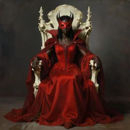 full body portrait of black skinned, masked queen in red gothic robes sitting on a throne of bones, elegant, highly detailed painting by gaston bussiere, craig mullins, j. c. leyendecker, 8 k, mid shot