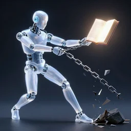 translucent robotic humanoid pulling against breaking chains, and reaching for a glowing book