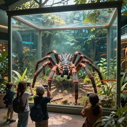 People watching and taking pictures of a giant mygale locked in a huge terrarium located in a futuristic zoo, hyperdetailed, artstation, cgsociety, by greg rutkowski, by Gustave Dore