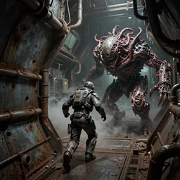 an individual in futuristic armor, running through a deep space mining space station, being chased down a hallway, by a horrific monster made of twisting flesh and metal, rusty metal walls, broken pipes, side angle, dark colors, muted colors, tense atmosphere, mist floats in the air, amazing value control, dead space, moody colors, dramatic lighting, ussg ishimura, frank frazetta
