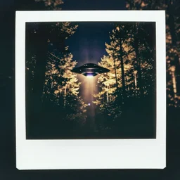 ufo flying over a forest at night, grainy photo, old polaroid,