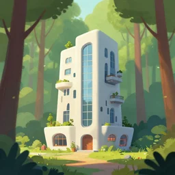 an illustration of a post - modern building in the woods, trending on artstation, central composition, very cartoon 3 4 5 fd 2, shape focus, high detailed, by anton fadeev
