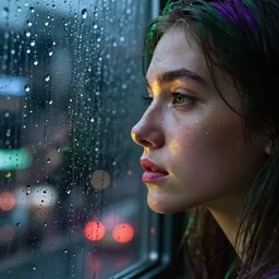 close up of a models face looking out a window on a rainy night photographed by Mark Seliger, rain drops on window, rain, green and purple hair, photo realistic, uplight, nighttime, city light reflections