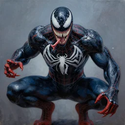 photorealistic, hyperdetailed oil painting of a venom and spider - man hybrid