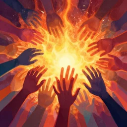 An illustration of many colored hands from before reaches above for a blaze for all