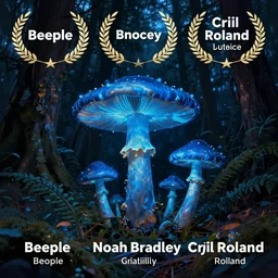 blue mushrooms glowing blue. Forest at night lit by eerie blue glow.Digital painting. Beeple. Noah Bradley. Cyril Roland