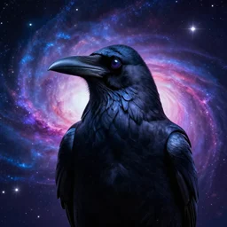portrait from a raven crow alien, synthwave, universe background, nebula, galaxy, artstation