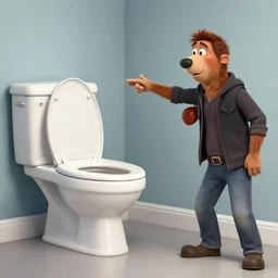 An illustration of Mordecai and Rigby shooting an anamorphic toilet, detailed