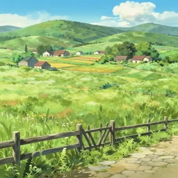 an anime movie background matte painting of a meadow in the countryside, rolling hills, cottages, crops, cobblestone road, rough wooden fence, by Makoto Shinkai, trending on Artstation, highly detailed