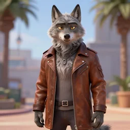 portrait, 3d render , anthropomorphic wolf male , wearing along brown leather jacket , in the style of Zootopia