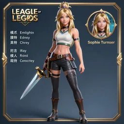character sheet of Sophie Turner as a character in the game League of Legends, with a background based on the game League of Legends, 3d render, octane render, iRay, ray tracing, realistic, highly detailed, trending on artstation, 4k, cgsociety, unreal engine 5, redshift render, blender cycles, behance, cg