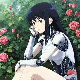 cyborg girl in solarpunk rose garden, contemplation, anime epic artwork, kyoto animation, key visual, 4 k, ultra fine detail