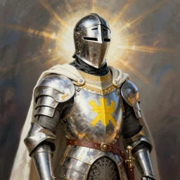man in decorated crusader armor, helmet and white cape with yellow kingdom of jerusalem emblem on it drawn by greg rutkowski realistic high detail