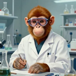 portrait of a monkey doctor working in a chemical lab, artwork by gaston bussiere, craig mullins, trending on artstation, monkey dressed as a scientist, using googles and wearing a doctor coat