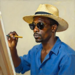 a black skin man, with sunglass, blue shirt, straw hat, painting by by ralph grady james, jean christian biville