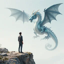 a man standing on a cliff staring at a dragon made out of fire, 8 k resolution, photograph, trending on art station.