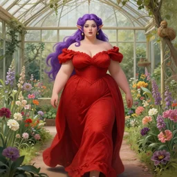 a stunning matte portrait of a thicc and voluptuous purple haired elf queen wearing a floor length red dress walking through a flowering garden, greenhouse in the background, intricate, elegant, highly detailed, digital painting, artstation, sharp focus, illustration, art by rebecca guay and arthur rackham and alphonse mucha and john william waterhouse, pixv