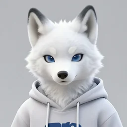 photo of cute male anthropomorphic white wolf furry wearing a hoodie