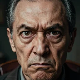 very closeup face, big eyes, angry old man in chair inside a dark house, surrealism