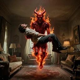 a demonic entity of blood and fire floats through the living room holding a person hostage, film still from the movie directed by Denis Villeneuve, with art direction by Salvador Dalí, wide lens, horror element, spine-chilling, horrifying