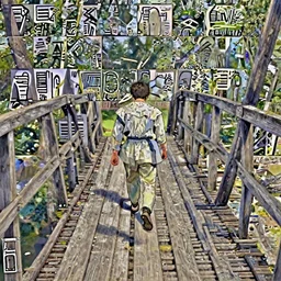 walking on an old wood bridge viewed from a deep perspective, trees in the background, art by James Jean and Wayne Barlowe, high detail, cinematic, vibrant HDRI colors, cgsociety 8k