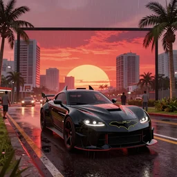batmobile on road in grand theft auto 5 loading screen art, cutout art style still next - gen ps 5 game grand theft auto remaster, graphics mods, rain, red sunset, people, rtx reflections, gta vi, miami, palms and miami buildings, photorealistic screenshot, unreal engine, 4 k,, gta vice city remastered, artstation