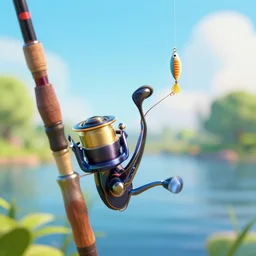 a fishing rod and reel has a hook with gummi - worm attached as bait. digital art, hyperdetailed, 8 k, hd, pixar style