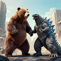 a giant angry bear fighting with godzilla in the city, photomanipulation, photoshop, digital art