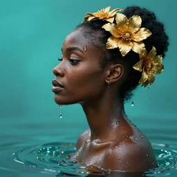 hyperrealistic precisionist cinematic profile very expressive! black oshun goddess, in water! up to shoulders, mirror dripping droplet!, gold flowers, highly detailed face, digital art masterpiece, smooth eric zener cam de leon, dramatic pearlescent turquoise light on one side, knee level uhd 8 k, tilt shift