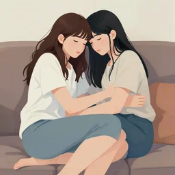 beautiful painting of two young women cuddling in the sofa, 2 8 4, romantic, highly detailed, smooth, stylized, medium shot, vector line art, clean cel shaded vector art, by lois van baarle and ross tron, artgerm, helen huang, makoto shinkai, ilya kuvshinov, rossdraws