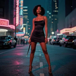 hyper - realistic, a beautiful black femme fatale woman wearing a short dress and heels, blade runner city, neo - noir aesthetic, cinematic composition, cinematic colors, 3 5 mm film, roger deakins style, realistic film, no signature, 8 k