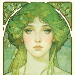 chasing the green fairy, perfect eyes, cover model face, art nouveau poster, surreal,