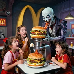 dystopian lovecraftian mcdonalds! 2 0 2 0 tv commercial featuring a smiling happy family being fed into a beef grinder by the hamburglar! in the style of h. r. giger