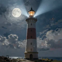 a very very very tall, lighthouse, with searchlight godrays, volumetric light, moon, clouds, full height of the frame, artstation, digital art, expressive painting, moody paintbrush