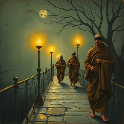 blindfolded monks walking on bridge, painting by james jean, craig mullins, j. c. leyendecker, lights, art by ernst haeckel,