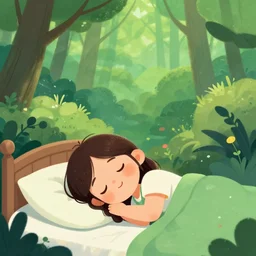 a beautiful illustration of a little cute girl on her bed dreaming about a beautiful green forest, detailed face, beautiful colors, digital art