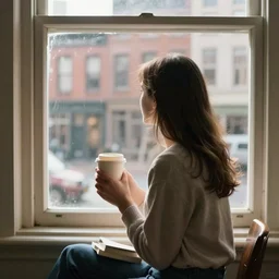 “ a girl holding a cup of coffee looking out a window overlooking the east village in new york city, morning light, by daniel gerhartz ”