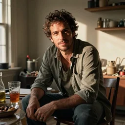 color photo portrait of a man in the messy dining room, morning, worm lighting.