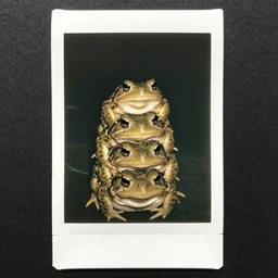 stacked toads, polaroid photo,