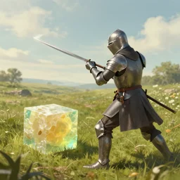 a knight fights against a gelatinous cube in a field.