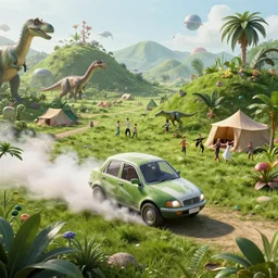 a spherical car driving through a beautiful wonderland, smoke - filled ， green hill, many interstellar plants, there is a camp next to it dinosaur and man dance together, futuristic concept design, airscape, high detail render by octane, unreal engine, 8 k, cinematic