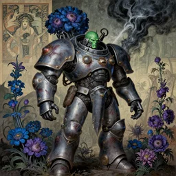 composition of gothic and futuristic, warhammer, cyber armor, more and more scars, storm, green head, blue and purple, many mech flowers, the middle ages, highly detailed, artstation, in the style of moebius, jugendstil and classic japanese print, art by jean delville and rene magritte
