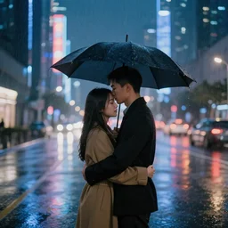 hugging the love of your life in the rain at night in a modern chinese city on a bridge, high quality digital art, trending on arstation, dreamlike, fog, cinematic lighting, concept art, award winning, dark moody lighting